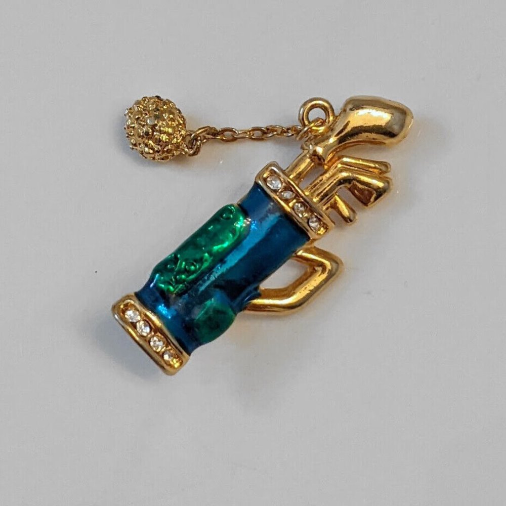 Golf Bag Clubs Ball Brooch Pin Dangle Charm Green Blue Enamel Rhinestones